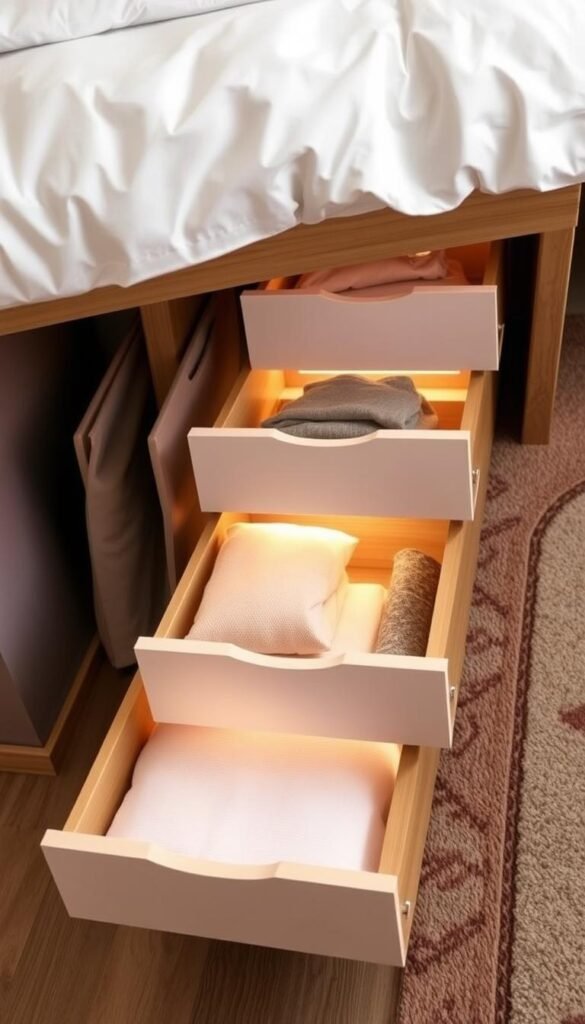 A beautifully organized under-bed storage solution, showcasing a harmonious blend of functionality and aesthetics. The frame is crafted from natural wood, complemented by sleek, sliding drawers in a soft, muted color palette. Subtle LED lighting illuminates the interior, creating a warm, inviting ambiance. The drawers are neatly arranged, each one tailored to hold a specific category of items, from clothing to linens. The composition is captured from a low angle, highlighting the clean, minimalist design and the seamless integration with the bedroom's decor. The overall mood is one of serene elegance, perfectly suited for the "Girls Bedroom Organization That Looks Beautiful" article.