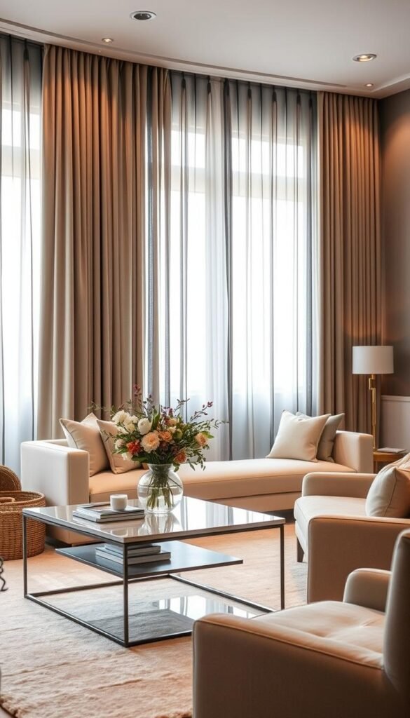 A beautifully styled neutral living room with lush, flowing blackout curtains cascading from tall windows. Soft ambient lighting filters through the sheer fabric, casting a warm, cozy glow. In the foreground, a modern, minimalist coffee table is adorned with a vase of fresh flowers and decorative objects. The middle ground showcases a plush, neutral-toned sofa and armchair, invitingly arranged. The background features a neutral-toned accent wall, complementing the overall serene and sophisticated aesthetic. Subtle textures, such as woven baskets and a fluffy rug, add depth and visual interest. The overall scene exudes a sense of refined elegance and designer-curated styling. A beautifully styled neutral living room with lush, flowing blackout curtains cascading from tall windows. Soft ambient lighting filters through the sheer fabric, casting a warm, cozy glow. In the foreground, a modern, minimalist coffee table is adorned with a vase of fresh flowers and decorative objects. The middle ground showcases a plush, neutral-toned sofa and armchair, invitingly arranged. The background features a neutral-toned accent wall, complementing the overall serene and sophisticated aesthetic. Subtle textures, such as woven baskets and a fluffy rug, add depth and visual interest. The overall scene exudes a sense of refined elegance and designer-curated styling.