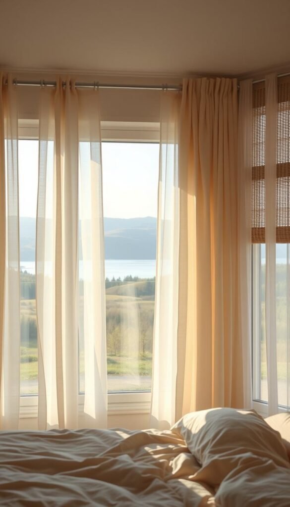 A bright, airy Scandinavian bedroom with large windows. In the foreground, an array of alternative window treatments: sheer linen curtains in neutral tones, cascading from sleek curtain rods. Wispy, flowing panels gently billowing in a soft breeze. In the middle ground, a combination of woven wood shades and delicate voile panels, creating a layered, textural effect. The background features a serene, minimalist landscape visible through the windows - rolling hills, a crystalline lake, and a distant forest. Warm, diffused lighting filters through the windows, casting a gentle glow and highlighting the natural textures. The overall atmosphere is one of understated elegance, tranquility, and Scandinavian design sensibility.