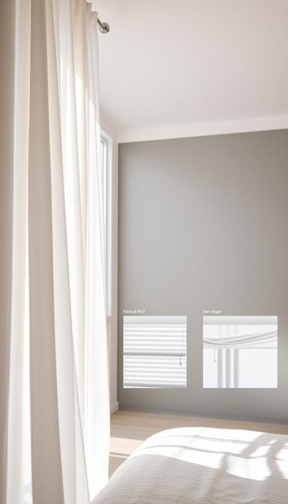A bright, airy bedroom filled with natural light streaming through a large window. In the foreground, an elegant white curtain panel hangs gracefully, its delicate fabric flowing with the breeze. In the middle ground, an assortment of modern light control options are displayed - sleek motorized blinds, sheer shades, and adjustable drapery tracks. The background showcases a minimalist grey feature wall, complementing the serene color palette. The scene exudes a sense of sophistication and functionality, where the window treatments seamlessly blend form and function to create a chic, inviting atmosphere. A bright, airy bedroom filled with natural light streaming through a large window. In the foreground, an elegant white curtain panel hangs gracefully, its delicate fabric flowing with the breeze. In the middle ground, an assortment of modern light control options are displayed - sleek motorized blinds, sheer shades, and adjustable drapery tracks. The background showcases a minimalist grey feature wall, complementing the serene color palette. The scene exudes a sense of sophistication and functionality, where the window treatments seamlessly blend form and function to create a chic, inviting atmosphere.