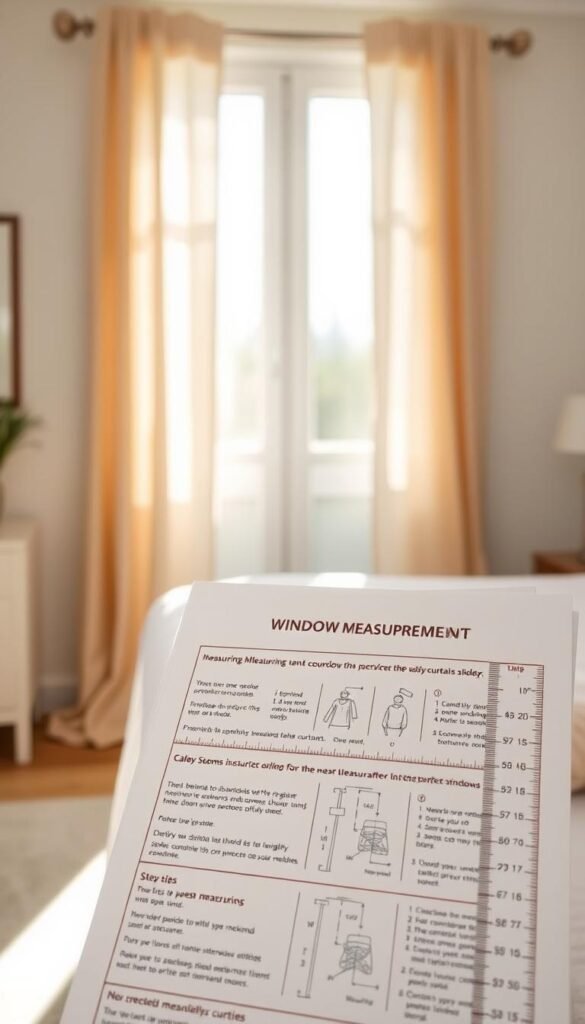 A bright, airy bedroom with a soft, cozy glow. In the foreground, a detailed window measurement guide takes center stage, showcasing step-by-step instructions for properly measuring windows to determine the perfect curtain size. The guide features precise ruler markings, clear diagrams, and easy-to-understand annotations. In the middle ground, a pair of cream-colored curtains hangs gracefully, gently diffusing the natural light and creating a warm, inviting ambiance. The background is blurred, allowing the focus to remain on the measurement guide and the curtains, which are the stars of this serene, relaxing scene.