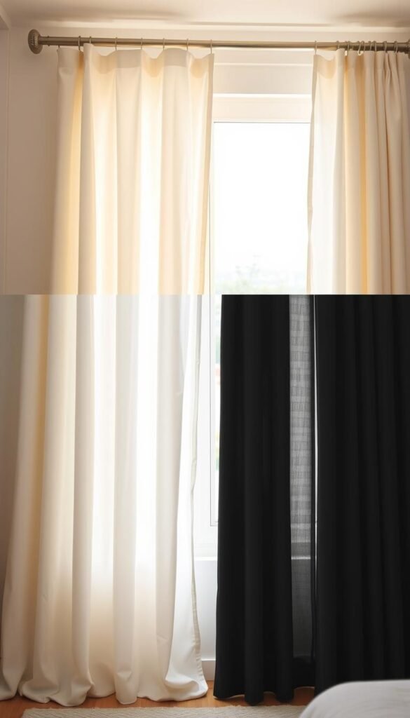 A bright, airy bedroom with soft white curtains hanging from a sleek curtain rod. In the foreground, the curtains are partially drawn, allowing a warm, diffused glow of natural light to filter through, creating a peaceful ambiance. In the middle ground, the curtains are fully open, revealing the serene view outside. The background showcases the contrast, with heavy blackout curtains drawn tight, blocking all external light and creating a cocooned, darkened space. The interplay of the light-filtering and blackout linings demonstrates their distinct functions, inviting the viewer to consider the practical and aesthetic considerations when selecting bedroom curtains.