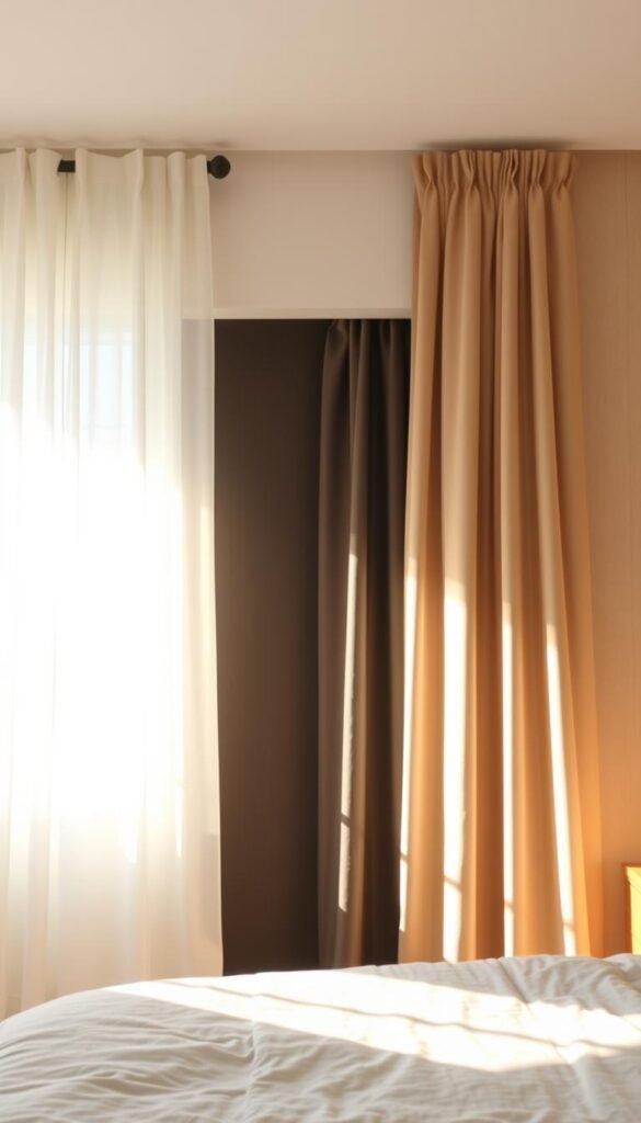 A bright, airy bedroom with two contrasting curtain setups on either side. In the foreground, delicate light-filtering curtains gently diffuse warm sunshine, creating a soft, cozy ambiance. In the middle ground, thick blackout curtains block all exterior light, casting the room in deep shadow and conveying a sense of restful darkness. The background features a neutral, earthy-toned wall, emphasizing the natural, inviting tone of the space. Captured with a wide-angle lens to showcase the full scene, the image highlights the nuanced differences between the two curtain options and their impact on the room's overall lighting and atmosphere. A bright, airy bedroom with two contrasting curtain setups on either side. In the foreground, delicate light-filtering curtains gently diffuse warm sunshine, creating a soft, cozy ambiance. In the middle ground, thick blackout curtains block all exterior light, casting the room in deep shadow and conveying a sense of restful darkness. The background features a neutral, earthy-toned wall, emphasizing the natural, inviting tone of the space. Captured with a wide-angle lens to showcase the full scene, the image highlights the nuanced differences between the two curtain options and their impact on the room's overall lighting and atmosphere.