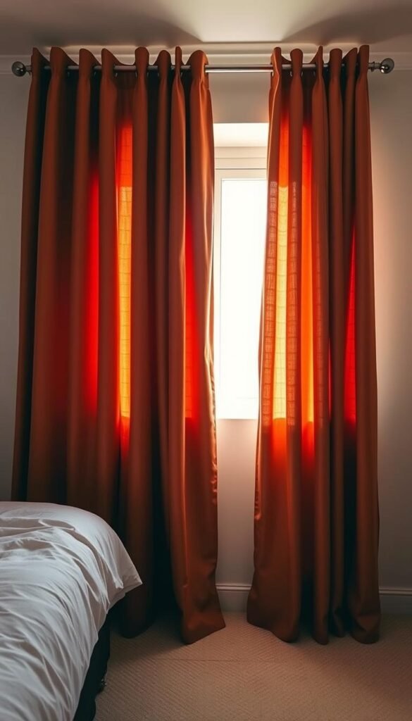 A bright, airy bedroom with two sets of curtains hanging side-by-side. On the left, thick blackout curtains in a rich, terracotta hue block all incoming light. On the right, delicate, light-filtering curtains in a matching terracotta shade allow a soft, warm glow to permeate the space. The curtains are backlit, creating a dramatic contrast between the two options. The camera is positioned at a slight angle, capturing the full height of the curtains and the interplay of light and shadow across the textured fabric. The overall mood is cozy and inviting, showcasing the warmth and versatility of terracotta as a curtain color. A bright, airy bedroom with two sets of curtains hanging side-by-side. On the left, thick blackout curtains in a rich, terracotta hue block all incoming light. On the right, delicate, light-filtering curtains in a matching terracotta shade allow a soft, warm glow to permeate the space. The curtains are backlit, creating a dramatic contrast between the two options. The camera is positioned at a slight angle, capturing the full height of the curtains and the interplay of light and shadow across the textured fabric. The overall mood is cozy and inviting, showcasing the warmth and versatility of terracotta as a curtain color.