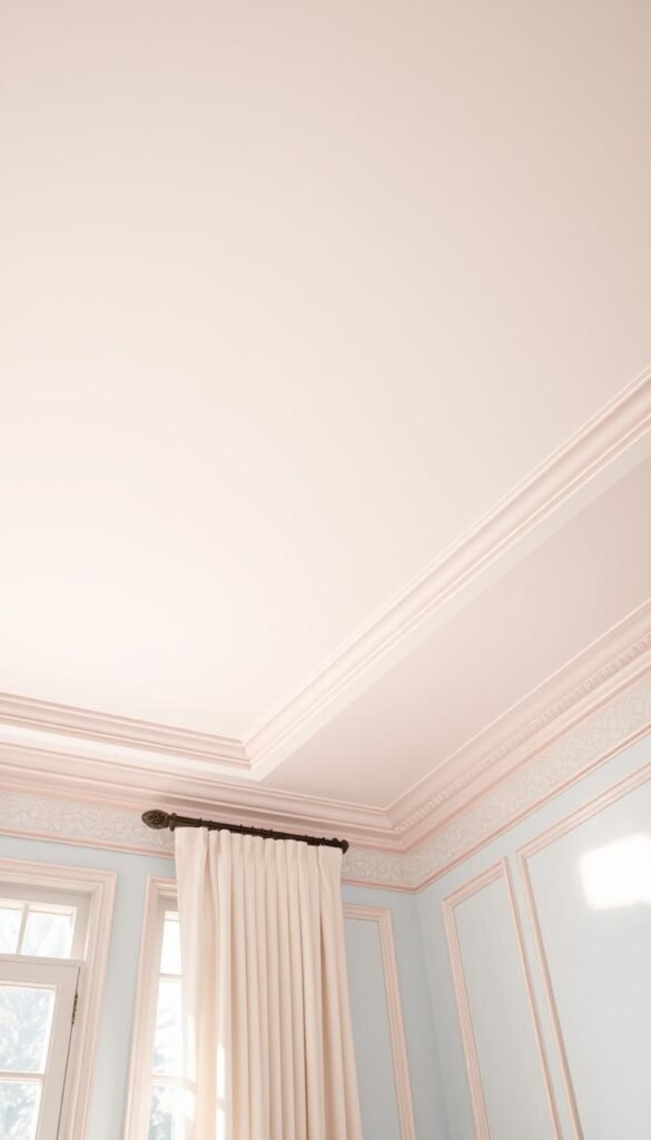 A bright, airy girls bedroom with soft white ceiling and delicate pastel trim. Natural light filters in through large windows, casting a warm glow. Decorative wall molding in a pale pink hue frames the ceiling, complementing the pale blue walls. Ornate floral patterns and subtle striping adorn the trim, creating a whimsical, feminine aesthetic. The lighting is soft and diffused, creating a serene, dreamy atmosphere. Detailed, high-resolution, 4K, photorealistic.
