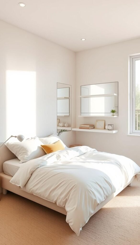 A bright, airy small bedroom with a modern, minimalist design. Soft pastel walls create a calming atmosphere, complemented by a large window that floods the room with natural light. Strategically placed mirrors and floating shelves give the illusion of depth and spaciousness. A plush white bedding set with touches of gold accents adorns a low-profile platform bed. Thoughtfully curated décor elements, such as a potted plant and a sleek desk lamp, add pops of color and visual interest. The room is shot from a slightly elevated angle, capturing the harmonious blend of form and function.