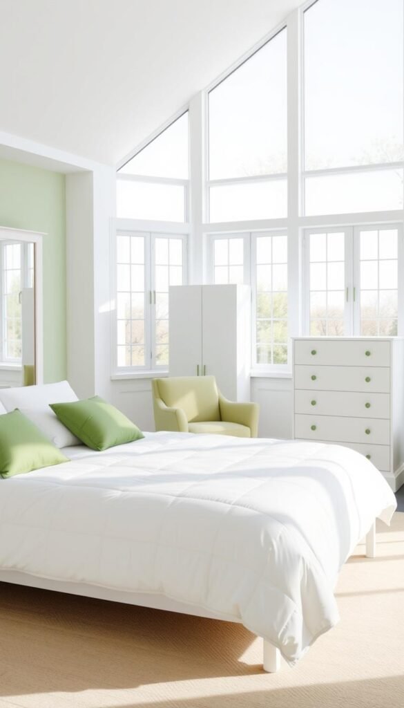 A bright and airy bedroom featuring a selection of green and white furniture pieces. In the foreground, a king-size bed with a plush white comforter and green accent pillows. Flanking the bed, two matching white nightstands with sleek, minimalist designs. In the middle ground, a tall, narrow white dresser with clean lines and subtle green handles. A comfortable armchair in a soft sage green hue sits in the corner, inviting relaxation. The background showcases large windows allowing natural light to flood the space, creating a serene, calming atmosphere. The overall vibe is one of tranquility, balance, and a fresh, nature-inspired aesthetic. A bright and airy bedroom featuring a selection of green and white furniture pieces. In the foreground, a king-size bed with a plush white comforter and green accent pillows. Flanking the bed, two matching white nightstands with sleek, minimalist designs. In the middle ground, a tall, narrow white dresser with clean lines and subtle green handles. A comfortable armchair in a soft sage green hue sits in the corner, inviting relaxation. The background showcases large windows allowing natural light to flood the space, creating a serene, calming atmosphere. The overall vibe is one of tranquility, balance, and a fresh, nature-inspired aesthetic.
