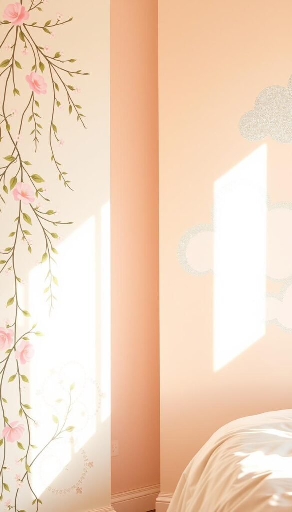 A bright and cheerful collection of whimsical wallpapers for a girl's bedroom. In the foreground, a lush floral pattern with cascading vines and delicate blooms in pastel hues. The middle ground features a playful polka dot design in coordinating colors, creating a charming visual rhythm. In the background, a serene cloud-like motif with soft, wispy edges and a hint of silver shimmer, evoking a sense of dreamy enchantment. Warm, natural lighting filters through the scene, casting a cozy, inviting glow. The overall composition exudes a youthful, carefree spirit perfect for cultivating a magical, imaginative atmosphere in a child's personal space.
