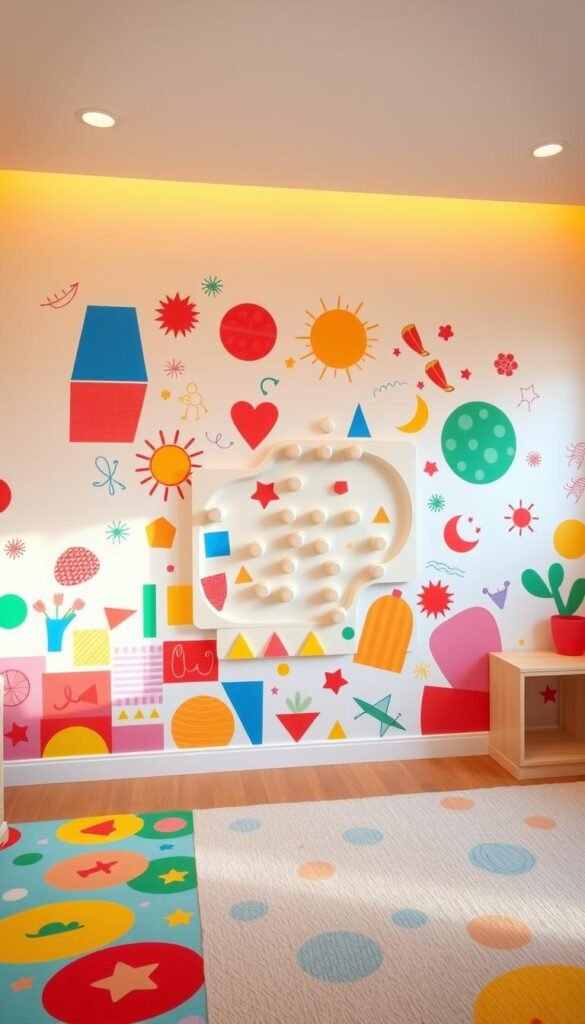 A bright, cheerful children's room with a developmental wall design featuring vibrant colors, playful shapes, and engaging textures. The foreground showcases a collage of geometric patterns, abstract forms, and whimsical illustrations in a mix of bright reds, blues, yellows, and greens. The middle ground features a dimensional wall panel with protruding elements, creating a tactile, interactive surface for young hands to explore. The background has a warm, diffused lighting that casts a gentle glow, enhancing the inviting, nurturing atmosphere. The overall composition encourages creativity, learning, and sensory exploration, making it an ideal accent wall for a girl's bedroom.
