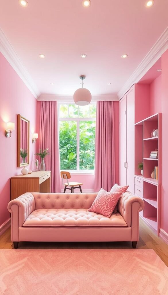 A bright, cheerful pink bedroom with a cozy, multifunctional layout. In the foreground, a plush, tufted pink daybed sits beneath a large, framed mirror, providing ample seating and a spot for relaxation. The middle ground features a minimalist wooden desk and chair, along with built-in shelving for storage and display. Soft, indirect lighting emanates from wall sconces and a pendant lamp, creating a warm, inviting atmosphere. In the background, a large window overlooks a lush, verdant garden, filling the space with natural light and a sense of tranquility. The overall design blends function and style, making this a versatile and visually appealing space for a young girl's bedroom.