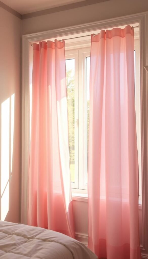A bright, north-facing bedroom filled with natural light. The large window is dressed with soft, flowing pink and white curtains that gently billow in the breeze. The curtains have an airy, sheer texture and are arranged in graceful folds, creating a sense of warmth and femininity. The window is framed by a crisp white trim, accentuating the clean, modern aesthetic. Warm, diffused lighting filters through the curtains, casting a gentle glow throughout the space. The overall scene conveys a sense of tranquility and serenity, perfectly suited for a cheerful girl's bedroom.