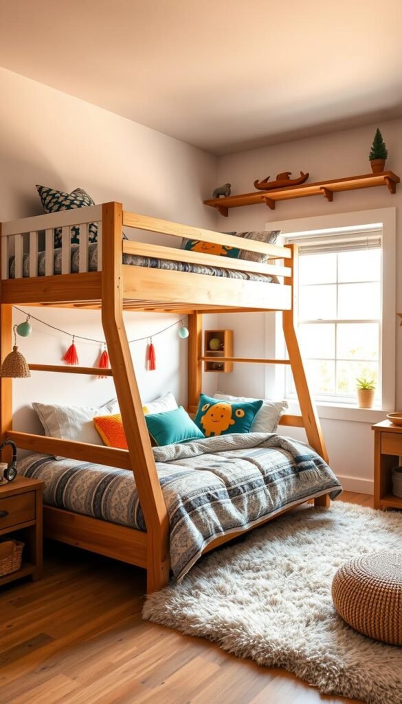 A brightly lit and cozy kids' bedroom with a spacious bunk bed setup. The lower bunk has a wood frame and a plush, patterned comforter, while the upper bunk has a white wooden frame and a cozy, textured blanket. Colorful, playful throw pillows and a fluffy rug add to the inviting atmosphere. The room is illuminated by a warm, natural light from a large window, casting a soft glow over the space. Wooden accents, such as the bedside table and decorative shelves, complement the overall rustic-chic aesthetic. The bunk bed is positioned against a white wall, allowing the vibrant colors and textures to take center stage, creating a harmonious and visually stimulating environment perfect for young adventurers. A brightly lit and cozy kids' bedroom with a spacious bunk bed setup. The lower bunk has a wood frame and a plush, patterned comforter, while the upper bunk has a white wooden frame and a cozy, textured blanket. Colorful, playful throw pillows and a fluffy rug add to the inviting atmosphere. The room is illuminated by a warm, natural light from a large window, casting a soft glow over the space. Wooden accents, such as the bedside table and decorative shelves, complement the overall rustic-chic aesthetic. The bunk bed is positioned against a white wall, allowing the vibrant colors and textures to take center stage, creating a harmonious and visually stimulating environment perfect for young adventurers.