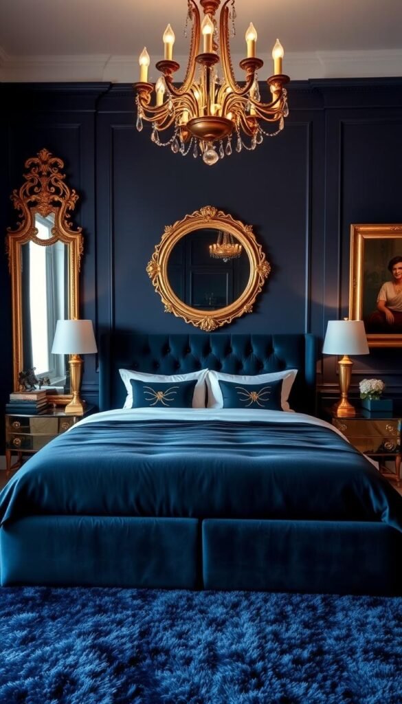 A calming navy blue bedroom with a plush rug and luxurious gold accents. Soft lighting casts a warm glow, illuminating the elegant gold-framed mirror, nightstands, and a magnificent gold-trimmed chandelier. The navy blue walls are adorned with tasteful gold-accented artwork, creating a harmonious and serene ambiance. The focal point of the room is a grand navy blue bed dressed in crisp linens, flanked by decorative gold-detailed throw pillows. The room exudes an air of sophisticated glamour, perfect for a restful and rejuvenating night's sleep. A calming navy blue bedroom with a plush rug and luxurious gold accents. Soft lighting casts a warm glow, illuminating the elegant gold-framed mirror, nightstands, and a magnificent gold-trimmed chandelier. The navy blue walls are adorned with tasteful gold-accented artwork, creating a harmonious and serene ambiance. The focal point of the room is a grand navy blue bed dressed in crisp linens, flanked by decorative gold-detailed throw pillows. The room exudes an air of sophisticated glamour, perfect for a restful and rejuvenating night's sleep.