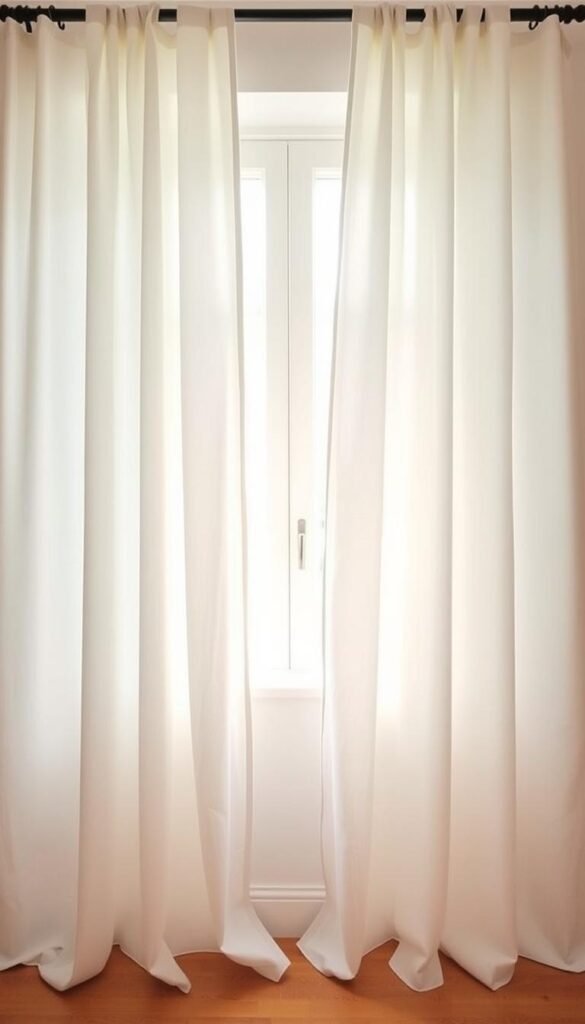A calming, neutral curtain arrangement in a cozy bedroom setting. A pair of softly draped white curtains frame a large window, allowing gentle natural light to filter in. The curtains are complemented by a pair of subtle grey curtains that hang in the background, adding depth and a soothing contrast. The lighting is warm and diffused, creating a serene and inviting atmosphere. A wooden floor and minimal decor elements complete the tranquil, harmonious scene, perfect for a relaxing, chic bedroom sanctuary. A calming, neutral curtain arrangement in a cozy bedroom setting. A pair of softly draped white curtains frame a large window, allowing gentle natural light to filter in. The curtains are complemented by a pair of subtle grey curtains that hang in the background, adding depth and a soothing contrast. The lighting is warm and diffused, creating a serene and inviting atmosphere. A wooden floor and minimal decor elements complete the tranquil, harmonious scene, perfect for a relaxing, chic bedroom sanctuary.