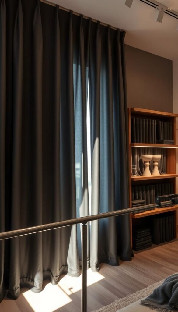 A charcoal-colored curtain gently sways in a softly lit room, casting moody shadows across a display of discounted curtain sets. Carefully arranged on rustic wooden shelves, the curtains beckon shoppers with their sophisticated hues and luxurious textures. The lighting, a warm blend of natural daylight and subtle ambient illumination, creates an inviting atmosphere that enhances the shopping experience. In the foreground, a sleek, modern curtain rod stands ready to showcase the exclusive offerings, while in the background, a minimalist decor scheme suggests a serene, stylish bedroom environment.