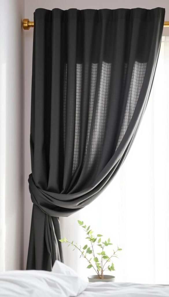 A charcoal-colored curtain panel cascading gracefully against a pristine white wall, illuminated by natural light streaming through a large window. The fabric textured with a subtle sheen, the folds casting nuanced shadows that accentuate the rich depth of the color. In the foreground, a clean, wooden curtain rod supports the elegant drapery, its finish complementing the charcoal hue. In the middle ground, a small potted plant adds a touch of greenery, its leaves gently swaying. The overall scene conveys a sense of sophisticated, minimalist style, evoking a tranquil, relaxing atmosphere perfect for a bedroom.