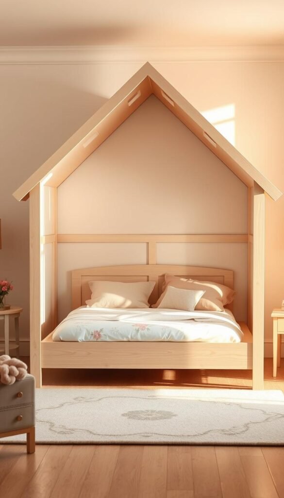 A charming and whimsical house-shaped bed frame for a young girl's bedroom. The frame is crafted from light-colored wood, with delicate floral or butterfly cutouts adorning the headboard and footboard. The bed is elevated on sturdy legs, creating a playful and imaginative sleeping space. Soft, pastel-colored bedding and plush pillows add to the cozy, feminine atmosphere. The room is bathed in warm, natural lighting, creating a calming and inviting ambiance. The bed is positioned in the center of the frame, accentuated by a simple, elegant rug and complementary decor elements, such as a small nightstand or dresser. This custom-built bed frame transforms the room into a dreamy, enchanting oasis for a growing girl. A charming and whimsical house-shaped bed frame for a young girl's bedroom. The frame is crafted from light-colored wood, with delicate floral or butterfly cutouts adorning the headboard and footboard. The bed is elevated on sturdy legs, creating a playful and imaginative sleeping space. Soft, pastel-colored bedding and plush pillows add to the cozy, feminine atmosphere. The room is bathed in warm, natural lighting, creating a calming and inviting ambiance. The bed is positioned in the center of the frame, accentuated by a simple, elegant rug and complementary decor elements, such as a small nightstand or dresser. This custom-built bed frame transforms the room into a dreamy, enchanting oasis for a growing girl.