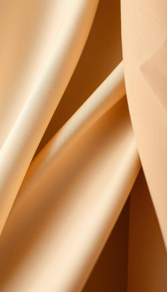 A close-up comparison of multiple high-quality beige curtain fabric textures. Smooth, silky linen with a subtle sheen; soft, plush velvet with a slight nap; and sturdy, natural-looking cotton with a woven, organic pattern. The fabrics are illuminated by warm, diffused studio lighting, showcasing their unique tactile qualities and visual nuances. Captured from an eye-level perspective with a shallow depth of field, allowing the textures to be the focal point. The overall mood is one of tranquility and refined elegance, fitting the "Warm Minimal Interiors" theme.