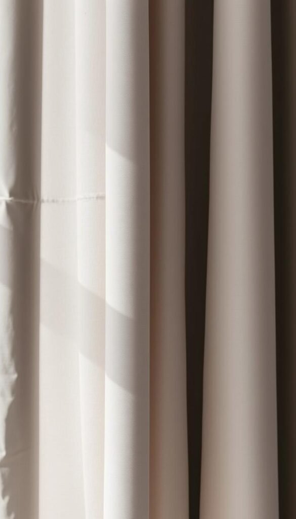 A close-up view of soft, dusty-grey curtains gently billowing in natural light. The fabric has a subtle sheen, with delicate folds and creases that suggest gentle, consistent care. The lighting is soft and diffuse, creating a calming, serene atmosphere. The curtains appear well-maintained, with no visible stains or blemishes. The background is slightly blurred, keeping the focus on the textural details of the curtains themselves. A sense of tranquility and order pervades the scene, reflecting the careful upkeep required to preserve the elegant, modern aesthetic of the grey curtains.