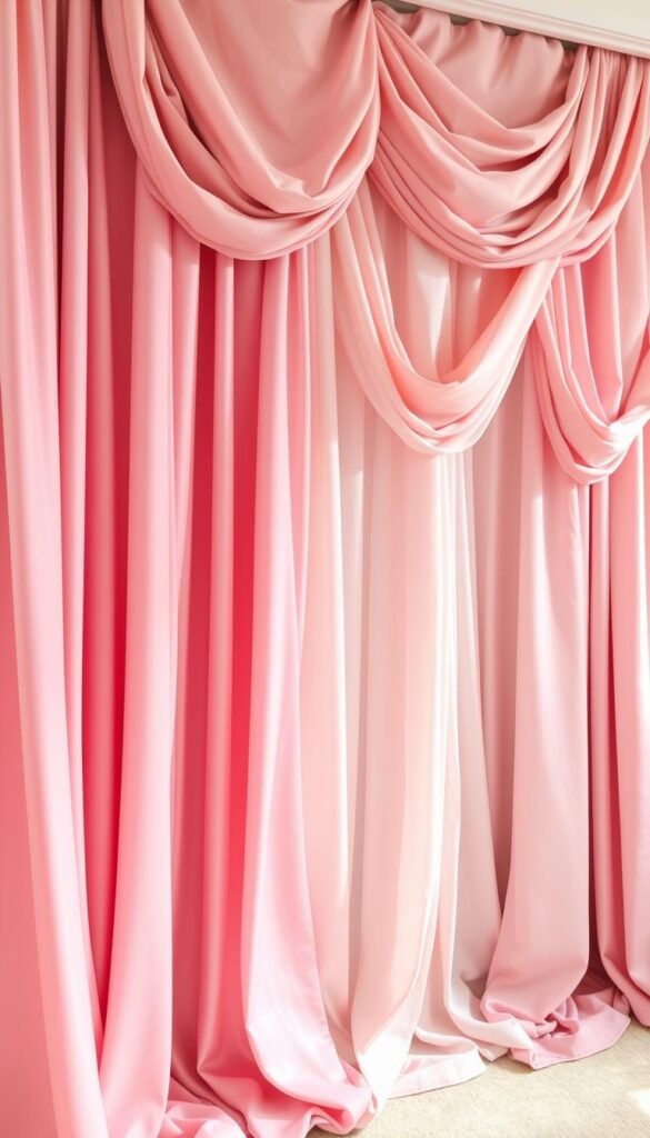 A collection of lush, draped pink curtains in various styles and textures cascading against a soft, neutral backdrop. The curtains flow gracefully, their folds and pleats capturing the light and casting gentle shadows. The overall mood is one of refined elegance and feminine sophistication, inviting the viewer to imagine the serene, cozy atmosphere of a blush-hued bedroom. The camera angle showcases the curtains in their full, dramatic splendor, capturing their texture, sheen, and intricate detailing. Bright, diffused lighting from an unseen source illuminates the scene, creating a warm, inviting ambiance.