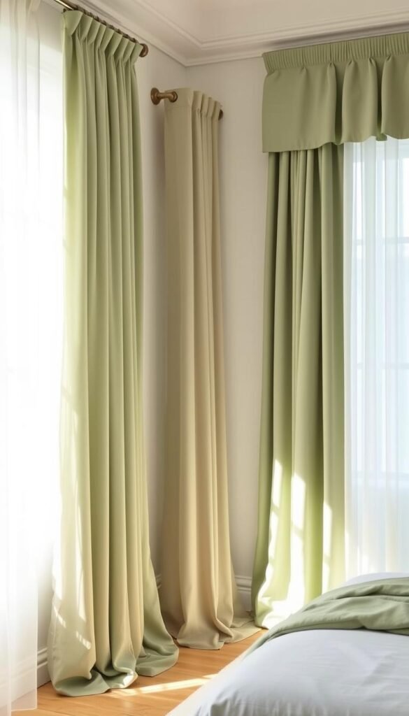 A comparative showcase of exquisite sage green curtain styles, elegantly displayed in a sunlit bedroom. The foreground features a delicate sheer curtain panel cascading gently, complemented by a lush, tailored curtain in the middle ground. In the background, a luxurious pleated curtain adds depth and visual interest. Soft, natural lighting illuminates the scene, creating a serene, refreshing ambiance that perfectly encapsulates the beauty of sage green bedroom curtains. The overall composition highlights the diverse range of styles, textures, and silhouettes that can elevate any bedroom's décor. A comparative showcase of exquisite sage green curtain styles, elegantly displayed in a sunlit bedroom. The foreground features a delicate sheer curtain panel cascading gently, complemented by a lush, tailored curtain in the middle ground. In the background, a luxurious pleated curtain adds depth and visual interest. Soft, natural lighting illuminates the scene, creating a serene, refreshing ambiance that perfectly encapsulates the beauty of sage green bedroom curtains. The overall composition highlights the diverse range of styles, textures, and silhouettes that can elevate any bedroom's décor.