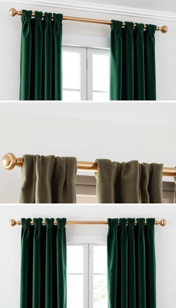 A comprehensive comparison of curtain header styles, showcasing grommet, pinch pleat, and rod pocket designs. The image presents these three options in a side-by-side arrangement, highlighting the distinct visual characteristics and aesthetic qualities of each. Captured in a soft, diffused lighting setup, the curtains are made of a luxurious, deep green velvet fabric that exudes a sense of regal elegance and cozy comfort. The composition emphasizes the details and textural nuances of the headers, allowing the viewer to appreciate the unique properties and potential suitability of each style for a variety of interior design applications. A comprehensive comparison of curtain header styles, showcasing grommet, pinch pleat, and rod pocket designs. The image presents these three options in a side-by-side arrangement, highlighting the distinct visual characteristics and aesthetic qualities of each. Captured in a soft, diffused lighting setup, the curtains are made of a luxurious, deep green velvet fabric that exudes a sense of regal elegance and cozy comfort. The composition emphasizes the details and textural nuances of the headers, allowing the viewer to appreciate the unique properties and potential suitability of each style for a variety of interior design applications.