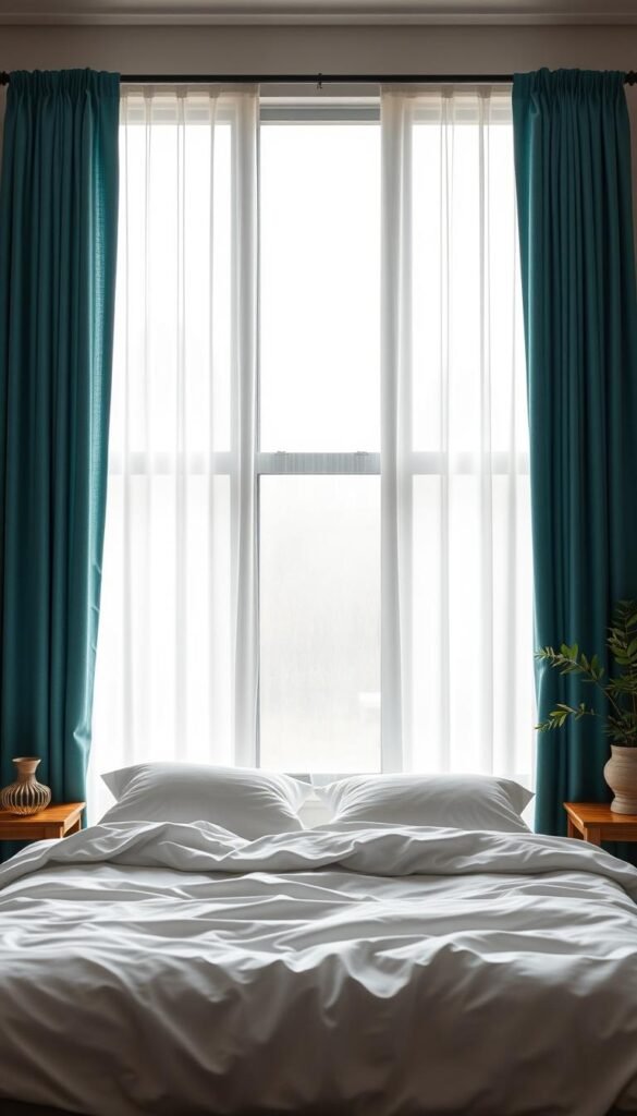 A contemporary bedroom scene with teal curtains elegantly framing a large window. Soft, diffused natural lighting illuminates the room, casting a calming, contemplative atmosphere. The curtains themselves have a subtle textural quality, gently billowing in a gentle breeze. In the foreground, a plush, minimalist bed with crisp, white linens invites relaxation. Accents of wood, metals, and plants create a harmonious, modern aesthetic. The overall scene evokes a sense of tranquility and thoughtful design, perfectly suited for a bold, yet serene, contemporary bedroom.