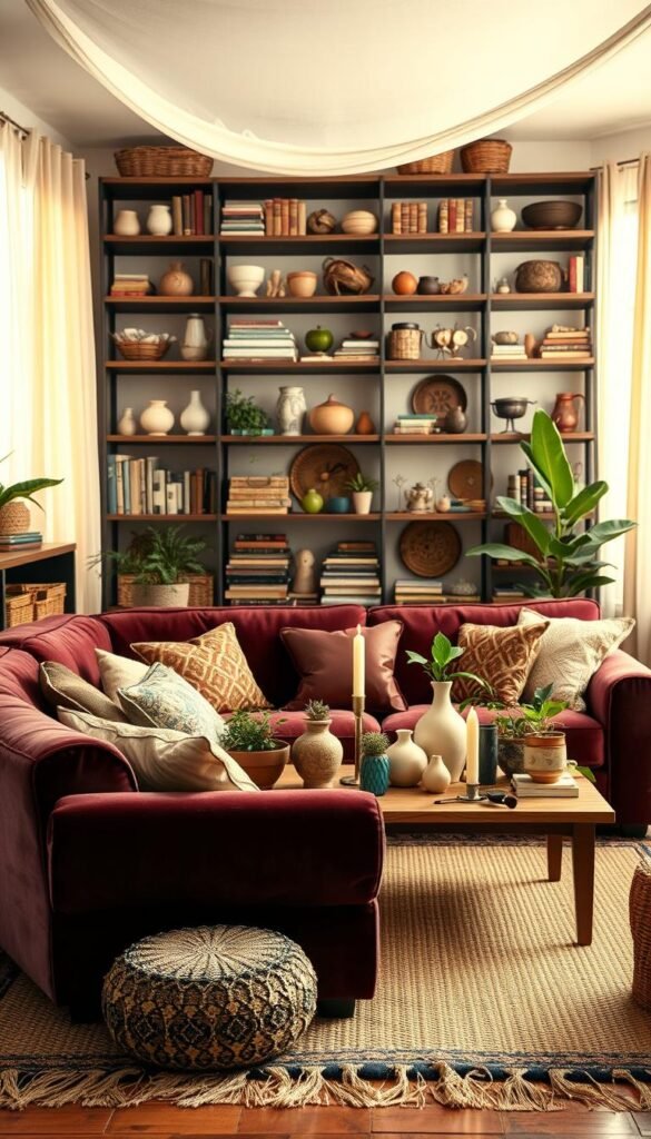 A cozy Bohemian-inspired living room arrangement with a vintage, eclectic charm. In the foreground, a plush, overstuffed velvet sofa in a rich jewel-toned hue sits atop a hand-woven area rug, surrounded by an assortment of mismatched throw pillows and a patterned pouffe. In the middle ground, a low-slung, wooden coffee table is adorned with a cluster of potted plants, antique vases, and an assortment of candles. Behind, a floor-to-ceiling bookshelf displays an eclectic mix of books, ceramics, and woven baskets, all bathed in warm, natural lighting filtering through sheer, billowing curtains. The overall atmosphere evokes a sense of comfort, creativity, and lived-in elegance. A cozy Bohemian-inspired living room arrangement with a vintage, eclectic charm. In the foreground, a plush, overstuffed velvet sofa in a rich jewel-toned hue sits atop a hand-woven area rug, surrounded by an assortment of mismatched throw pillows and a patterned pouffe. In the middle ground, a low-slung, wooden coffee table is adorned with a cluster of potted plants, antique vases, and an assortment of candles. Behind, a floor-to-ceiling bookshelf displays an eclectic mix of books, ceramics, and woven baskets, all bathed in warm, natural lighting filtering through sheer, billowing curtains. The overall atmosphere evokes a sense of comfort, creativity, and lived-in elegance.