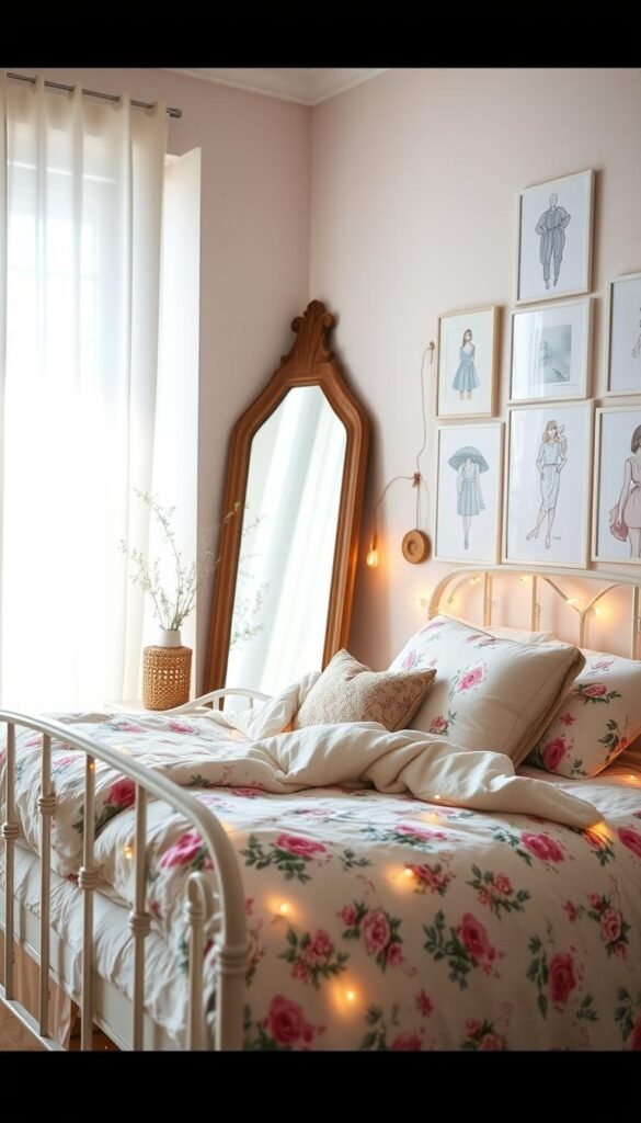 A cozy, Pinterest-inspired girls' bedroom mood board. In the foreground, an artfully arranged collection of decorative pillows, string lights, and a plush floral duvet atop a white iron bed frame. In the middle ground, a large, rustic wood-framed mirror leans against the wall, casting a warm glow. In the background, soft, pastel-colored walls are adorned with a gallery wall of framed botanical prints and fashion sketches. Natural light streams in through a large window, illuminating the scene with a gentle, ethereal ambiance. The overall atmosphere is one of laid-back sophistication and youthful charm.