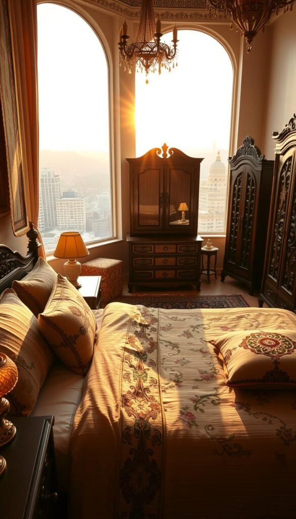 A cozy Turkish-inspired bedroom, with plush textiles, intricate patterns, and warm lighting. In the foreground, a neatly made bed is adorned with ornate pillows and a soft, patterned duvet. On the nightstands, delicate glass lamps emit a gentle glow. The middle ground features intricately carved wooden furniture, including a dresser and armoire, complemented by traditional Turkish rugs. In the background, a large window offers a view of a bustling city skyline, with the sun casting a golden hue across the scene. The overall atmosphere is one of relaxation, comfort, and cultural elegance. A cozy Turkish-inspired bedroom, with plush textiles, intricate patterns, and warm lighting. In the foreground, a neatly made bed is adorned with ornate pillows and a soft, patterned duvet. On the nightstands, delicate glass lamps emit a gentle glow. The middle ground features intricately carved wooden furniture, including a dresser and armoire, complemented by traditional Turkish rugs. In the background, a large window offers a view of a bustling city skyline, with the sun casting a golden hue across the scene. The overall atmosphere is one of relaxation, comfort, and cultural elegance.