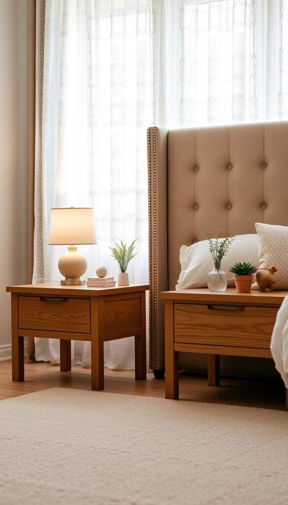 A cozy and harmonious bedroom scene with a pair of matching wooden nightstands placed on either side of a plush, tufted headboard. The nightstands feature simple, classic lines with a warm, natural wood grain finish, complementing the neutral color palette of the room. Soft, diffused lighting filters in through lace curtains, casting a gentle glow and creating a serene, relaxing atmosphere. The nightstands are adorned with decorative lamps, small potted plants, and perhaps a few carefully selected books or trinkets, conveying a sense of balance and personal style. The overall composition emphasizes the importance of symmetry and attention to detail in creating a timeless and inviting bedroom design.
