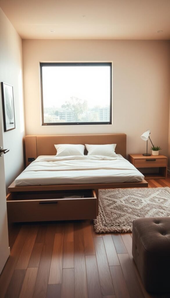A cozy and inviting bedroom featuring a multifunctional furniture piece. In the warm, natural-lit foreground, a sleek, modular platform bed doubles as a storage unit, with built-in drawers and shelves for optimal organization. The middle ground showcases a harmonious blend of textures, with a plush, neutral-toned area rug and minimalist nightstands. In the background, a large window lets in soft, diffused lighting, creating a serene and airy atmosphere. The overall scene conveys a sense of effortless functionality and relaxation, perfect for a small-space living. A cozy and inviting bedroom featuring a multifunctional furniture piece. In the warm, natural-lit foreground, a sleek, modular platform bed doubles as a storage unit, with built-in drawers and shelves for optimal organization. The middle ground showcases a harmonious blend of textures, with a plush, neutral-toned area rug and minimalist nightstands. In the background, a large window lets in soft, diffused lighting, creating a serene and airy atmosphere. The overall scene conveys a sense of effortless functionality and relaxation, perfect for a small-space living.