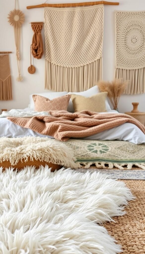 A cozy and inviting bedroom scene featuring a variety of textured rugs and plush textiles. In the foreground, a large, shaggy white rug covers the floor, its soft fibers gently swaying. Layered on top are patterned throw pillows and a woven blanket in earthy tones, creating a warm and welcoming aesthetic. In the middle ground, an intricately woven area rug in muted blues and greens anchors the space, its intricate design adding visual interest. Hanging from the walls, tapestries and macrame wall hangings in neutral hues and natural textures frame the scene, while soft, diffused lighting casts a gentle glow throughout the room, evoking a sense of comfort and relaxation.