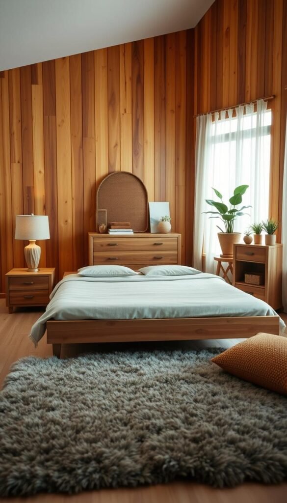 A cozy and inviting bedroom scene with a warm wood-paneled wall as the focal point, complemented by earthy tones in the furnishings. In the foreground, a plush area rug in muted greens and browns anchors the space, while a wooden bedframe with a natural finish takes center stage. Soft lighting from a pair of table lamps with natural fiber shades casts a gentle glow, creating a serene and tranquil atmosphere. The middle ground features a wooden dresser and nightstands in a complementary stain, accented by potted plants and natural fiber decor. The background showcases a large window with sheer curtains, allowing natural daylight to filter in and highlighting the organic textures throughout the room.
