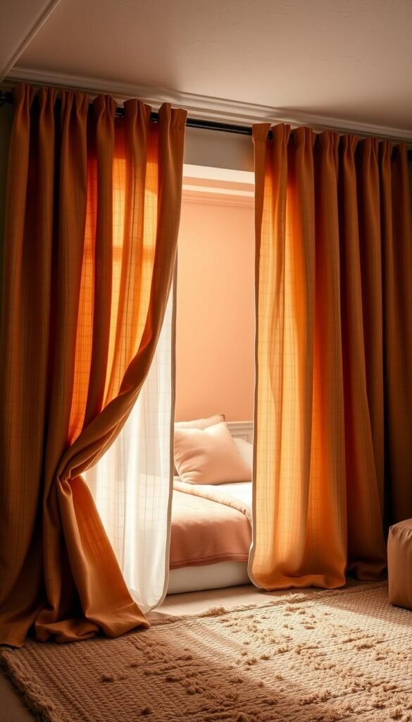 A cozy and inviting bedroom scene with lush, textured linen drapes in a warm terracotta hue cascading gracefully from the ceiling. The drapes have a soft, nubby weave that catches the gentle light, creating a soothing and enveloping ambiance. The middle ground features a plush, textured rug in complementary earth tones, adding depth and visual interest. In the background, the walls are painted in a warm, muted palette, enhancing the sense of comfort and relaxation. The lighting is soft and diffused, casting a gentle glow throughout the space. The overall effect is one of tranquility and thoughtful curation, perfectly capturing the essence of "The Importance of Texture in Warmth Creation." A cozy and inviting bedroom scene with lush, textured linen drapes in a warm terracotta hue cascading gracefully from the ceiling. The drapes have a soft, nubby weave that catches the gentle light, creating a soothing and enveloping ambiance. The middle ground features a plush, textured rug in complementary earth tones, adding depth and visual interest. In the background, the walls are painted in a warm, muted palette, enhancing the sense of comfort and relaxation. The lighting is soft and diffused, casting a gentle glow throughout the space. The overall effect is one of tranquility and thoughtful curation, perfectly capturing the essence of "The Importance of Texture in Warmth Creation."