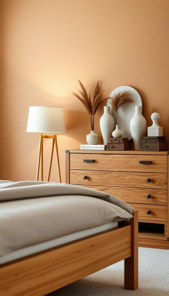 A cozy and inviting bedroom setting featuring a neutral color palette that complements the natural beauty of wood furniture. In the foreground, a wooden bed frame with clean lines and a plush, neutral-toned duvet. In the middle ground, a wooden dresser with minimalist hardware, accented by natural textiles and decor in shades of beige, gray, and off-white. The background showcases a wall with a warm, earthy tone, creating a serene and calming atmosphere. Soft, diffused lighting from a floor lamp casts a gentle glow, highlighting the organic textures and tones of the wood. The overall composition conveys a sense of timeless elegance and understated sophistication. A cozy and inviting bedroom setting featuring a neutral color palette that complements the natural beauty of wood furniture. In the foreground, a wooden bed frame with clean lines and a plush, neutral-toned duvet. In the middle ground, a wooden dresser with minimalist hardware, accented by natural textiles and decor in shades of beige, gray, and off-white. The background showcases a wall with a warm, earthy tone, creating a serene and calming atmosphere. Soft, diffused lighting from a floor lamp casts a gentle glow, highlighting the organic textures and tones of the wood. The overall composition conveys a sense of timeless elegance and understated sophistication.