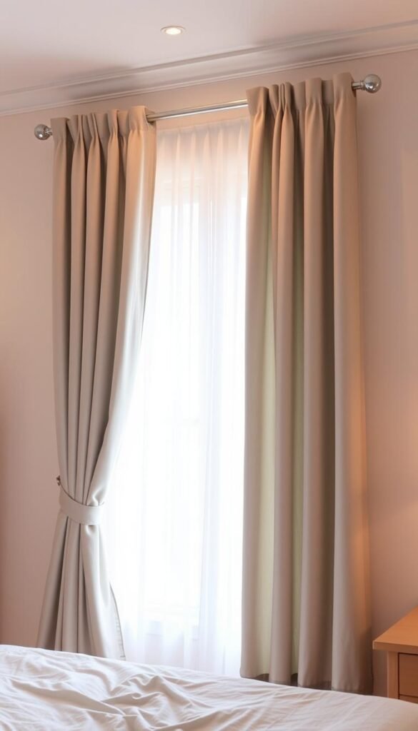 A cozy and inviting bedroom setting with versatile light grey curtains elegantly framing the window. The curtains are made of a soft, flowing fabric that gently cascades and creates a subtle, sophisticated ambiance. The lighting is warm and diffused, adding a serene, calming atmosphere to the space. The curtains are the focal point, drawing the eye inward and complementing the neutral color scheme of the bedroom. The overall scene evokes a sense of tranquility and comfort, making it a brilliant choice for a relaxing and harmonious living space.