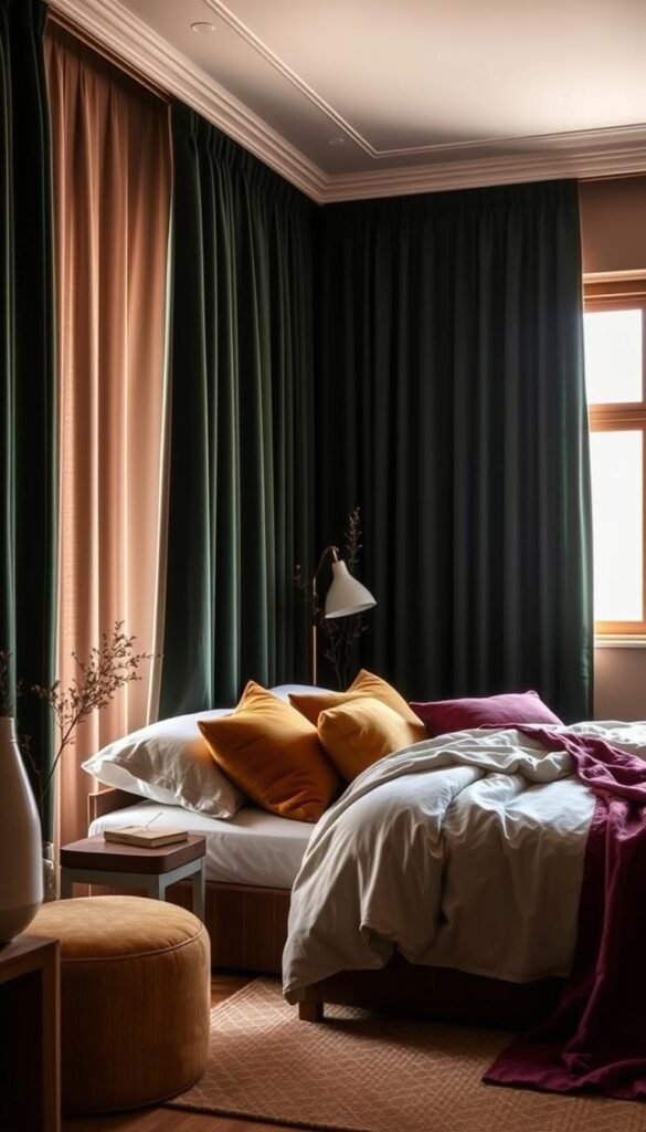 A cozy and inviting bedroom with dark green curtains, bathed in warm, soft lighting that casts a serene, moody atmosphere. The focal point is a harmonious color palette of complementary shades, with rich burgundy and mustard yellow accents tastefully placed throughout the space. Plush textiles, natural wood tones, and subtle metallic touches add depth and texture. The overall scene exudes a sense of comfort and relaxation, creating a tranquil haven for the senses. A cozy and inviting bedroom with dark green curtains, bathed in warm, soft lighting that casts a serene, moody atmosphere. The focal point is a harmonious color palette of complementary shades, with rich burgundy and mustard yellow accents tastefully placed throughout the space. Plush textiles, natural wood tones, and subtle metallic touches add depth and texture. The overall scene exudes a sense of comfort and relaxation, creating a tranquil haven for the senses.