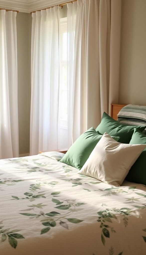 A cozy and inviting bedroom with lush green and crisp white textiles. In the foreground, a plush duvet cover featuring a delicate botanical print in shades of emerald and ivory. Decorative throw pillows in complementary solid hues add texture and depth. The middle ground showcases airy sheer curtains in a subtle white tone, gently billowing in the soft natural light filtering through the windows. In the background, a neatly folded quilt or blanket in a striped pattern echoes the green and white color scheme, completing the serene and harmonious atmosphere. The lighting is warm and ambient, creating a sense of tranquility and comfort. A cozy and inviting bedroom with lush green and crisp white textiles. In the foreground, a plush duvet cover featuring a delicate botanical print in shades of emerald and ivory. Decorative throw pillows in complementary solid hues add texture and depth. The middle ground showcases airy sheer curtains in a subtle white tone, gently billowing in the soft natural light filtering through the windows. In the background, a neatly folded quilt or blanket in a striped pattern echoes the green and white color scheme, completing the serene and harmonious atmosphere. The lighting is warm and ambient, creating a sense of tranquility and comfort.