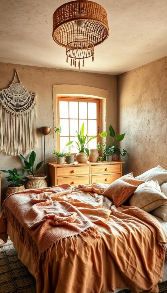 A cozy and inviting boho-style bedroom with natural materials and textures. In the foreground, a comfortable queen-sized bed is dressed in warm, earthy-toned linens and a plush woven blanket. Decorative macrame wall hangings and a wicker pendant light create a relaxed, laid-back ambiance. The middle ground features a natural wood dresser adorned with a variety of houseplants, rattan baskets, and a small ceramic vase. In the background, a large window allows natural light to filter in, illuminating the space and highlighting the rich, textured walls covered in a neutral, earthy-toned wallpaper or plaster. The overall mood is calming, organic, and in harmony with nature.