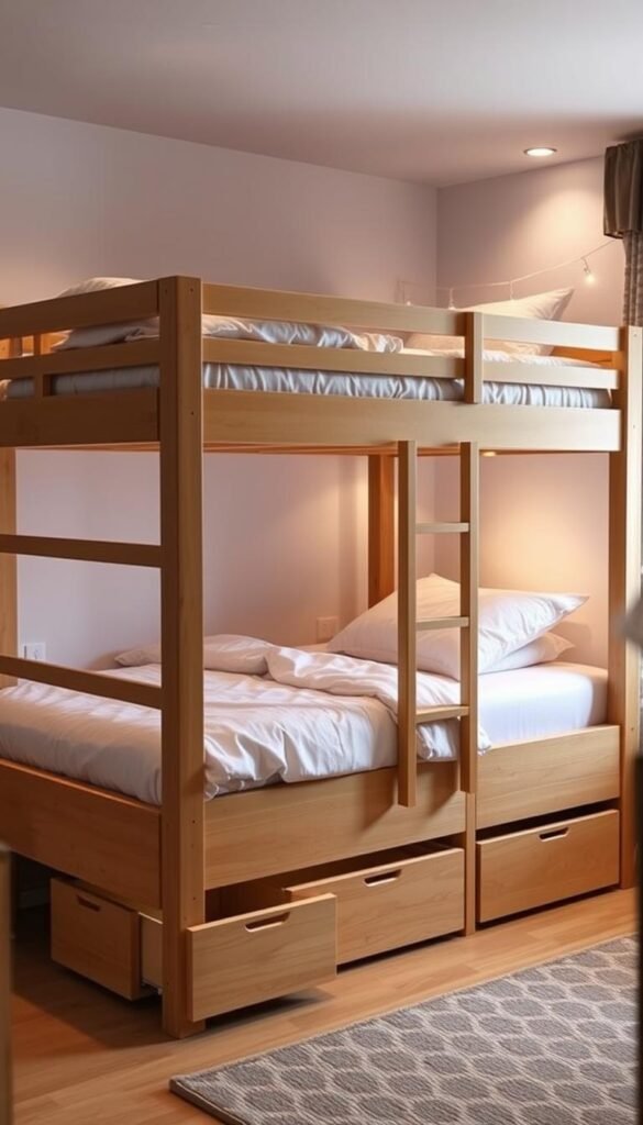 A cozy and inviting bunk bed with integrated storage features, illuminated by warm, soft lighting. The frame is made of sturdy, light-colored wood, complementing the serene, pastel-toned bedding. The bottom bunk has ample drawers and shelving units, providing efficient storage solutions for a girl's bedroom. The top bunk is accessed by a wooden ladder, offering a sense of adventure and whimsy. The scene is captured from a slightly elevated angle, showcasing the thoughtful design and functionality of this space-saving sleeping arrangement, perfect for a stylish and organized girls' room.