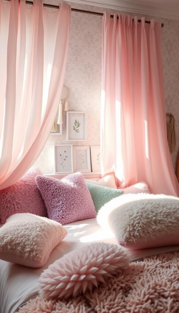 A cozy and inviting girl's bedroom, bathed in soft, diffused lighting. In the foreground, an assortment of plush, textured pillows in pastel hues of pink, lavender, and mint adorn a neatly made bed. Flowing, sheer curtains in a complementary color palette gently billow, creating a sense of warmth and tranquility. In the middle ground, a plush, shaggy rug in a muted tone anchors the space, while a series of framed botanical prints and delicate wall hangings add a touch of whimsy. The background features a subtle, neutral-toned wallpaper pattern, allowing the textiles and soft furnishings to take center stage. The overall atmosphere is one of comfort, coziness, and a touch of youthful elegance. A cozy and inviting girl's bedroom, bathed in soft, diffused lighting. In the foreground, an assortment of plush, textured pillows in pastel hues of pink, lavender, and mint adorn a neatly made bed. Flowing, sheer curtains in a complementary color palette gently billow, creating a sense of warmth and tranquility. In the middle ground, a plush, shaggy rug in a muted tone anchors the space, while a series of framed botanical prints and delicate wall hangings add a touch of whimsy. The background features a subtle, neutral-toned wallpaper pattern, allowing the textiles and soft furnishings to take center stage. The overall atmosphere is one of comfort, coziness, and a touch of youthful elegance.