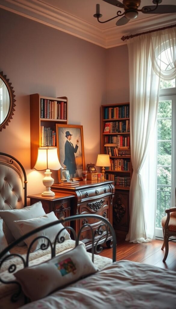 A cozy and inviting girl's bedroom, bathed in warm, soft lighting. In the foreground, a plush, tufted headboard frames a delicate wrought-iron bed, adorned with pastel floral bedding. On the nightstands, vintage lamps cast a gentle glow, complemented by a decorative mirror above. In the middle ground, a wooden dresser with intricate carved details stands beside a comfy reading chair, surrounded by bookshelves filled with colorful volumes. The background features a large window, its sheer curtains billowing gently, offering a view of a lush, verdant garden outside. The overall atmosphere is one of tranquility, comfort, and a touch of whimsical charm.