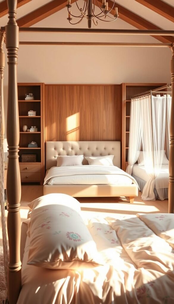 A cozy and inviting girls' bedroom setting, showcasing a variety of stylish bed options. In the foreground, an elegant four-poster bed with delicate floral accents, complemented by plush bedding in soft pastel tones. In the middle ground, a modern platform bed with clean lines and a minimalist headboard, set against a backdrop of wooden built-in shelves displaying decorative elements. In the background, a charming canopy bed with sheer curtains, creating a dreamy and intimate atmosphere. Warm, natural lighting filters through the space, casting a warm glow and highlighting the diverse bed styles. The overall scene conveys a sense of comfort, style, and personalization, perfect for inspiring the "Choose the Right Bed Style for Your Space" section.