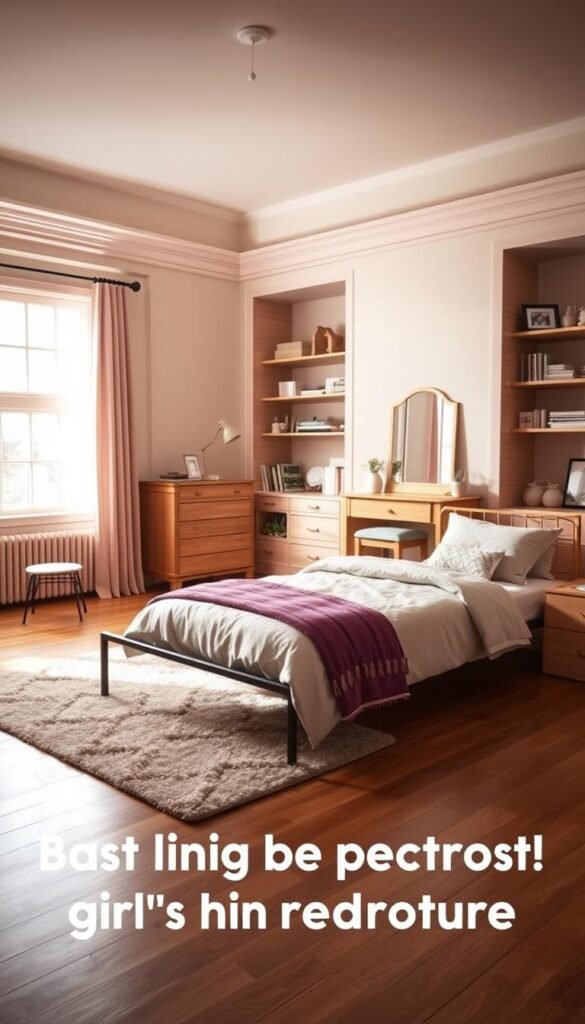 A cozy and inviting girls' bedroom showcasing a versatile layout for furniture arrangement. The room features warm lighting from a large window, casting a soft glow over the hardwood floors. In the foreground, a plush area rug and a stylish, low-profile bed frame create a tranquil seating area. In the middle ground, a wooden dresser and a sleek vanity with a mirror stand in elegant symmetry. The background boasts built-in shelves and a comfy reading nook, allowing for ample storage and personalization. The overall atmosphere is both practical and visually appealing, capturing the essence of finding the perfect girls' bedroom furniture for the space.