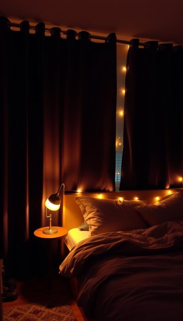 A cozy and inviting girls' bedroom with stylish blackout curtains covering the windows, casting a warm, dimly lit ambiance. The curtains hang gracefully, their rich, dark fabric softening the room's edges. Warm lighting from a nightstand lamp and string lights along the headboard create a soothing, intimate atmosphere, perfect for rest and relaxation. The bed is adorned with plush bedding and pillows, inviting the viewer to sink in and enjoy the peaceful, shadow-filled space. The overall scene conveys a sense of comfort, privacy, and functionality, ideal for a girls' bedroom that prioritizes both style and practical needs.