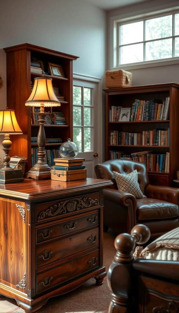 A cozy and inviting kid's bedroom featuring heirloom furniture. In the foreground, a vintage wooden dresser with intricate carvings stands proudly, its drawers adorned with brass pulls. On top, an old-fashioned lamp casts a warm glow, illuminating the space. In the middle ground, a well-worn leather armchair sits adjacent to a handcrafted wooden bookshelf, filled with beloved storybooks. The background showcases a large window, allowing natural light to flood the room, highlighting the timeless elegance of the furnishings. The overall scene exudes a sense of comfort, nostalgia, and a connection to the past, blending seamlessly with the youthful energy of the space. A cozy and inviting kid's bedroom featuring heirloom furniture. In the foreground, a vintage wooden dresser with intricate carvings stands proudly, its drawers adorned with brass pulls. On top, an old-fashioned lamp casts a warm glow, illuminating the space. In the middle ground, a well-worn leather armchair sits adjacent to a handcrafted wooden bookshelf, filled with beloved storybooks. The background showcases a large window, allowing natural light to flood the room, highlighting the timeless elegance of the furnishings. The overall scene exudes a sense of comfort, nostalgia, and a connection to the past, blending seamlessly with the youthful energy of the space.