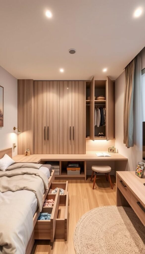 A cozy and inviting kids' bedroom, with hidden storage solutions seamlessly integrated into the design. A low-profile bed frame with built-in drawers beneath, providing ample space for toys and clothes. Alongside, a sleek desk with a pull-out compartment for school supplies. In the corner, a custom-made wardrobe with concealed doors, revealing a neatly organized closet. Soft, diffused lighting from recessed ceiling fixtures casts a warm glow, complementing the neutral color palette and natural wood accents. The overall atmosphere is one of functional creativity, where every inch of space is utilized without sacrificing the room's aesthetic appeal. A cozy and inviting kids' bedroom, with hidden storage solutions seamlessly integrated into the design. A low-profile bed frame with built-in drawers beneath, providing ample space for toys and clothes. Alongside, a sleek desk with a pull-out compartment for school supplies. In the corner, a custom-made wardrobe with concealed doors, revealing a neatly organized closet. Soft, diffused lighting from recessed ceiling fixtures casts a warm glow, complementing the neutral color palette and natural wood accents. The overall atmosphere is one of functional creativity, where every inch of space is utilized without sacrificing the room's aesthetic appeal.