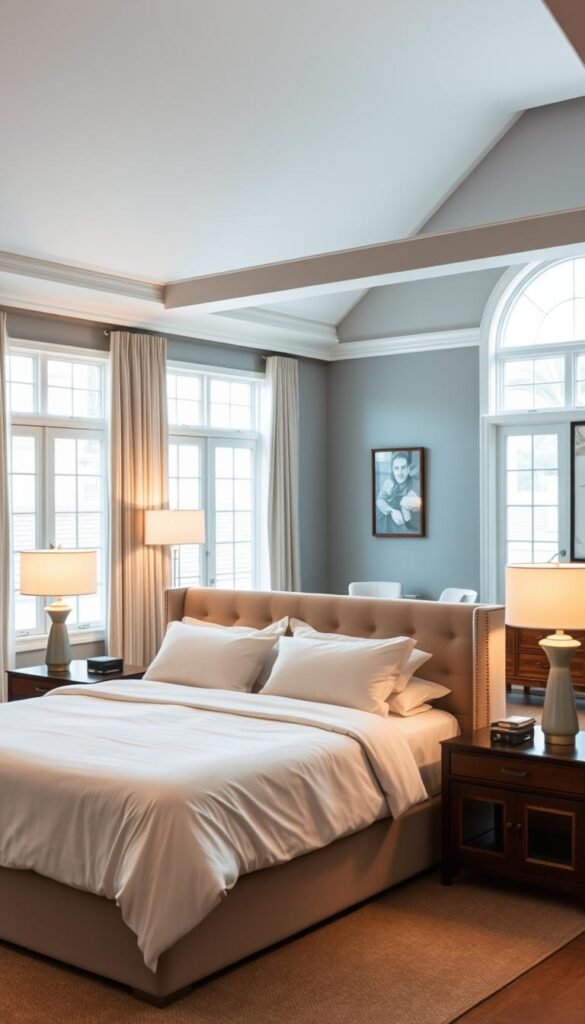 A cozy and inviting master bedroom with a focus on harmonious furniture layout. In the foreground, a plush king-sized bed with crisp white linens and an elegant tufted headboard. Flanking the bed, two tall nightstands with minimalist lamps casting a warm, ambient glow. In the middle ground, a spacious sitting area with a pair of comfortable armchairs and a small coffee table. Large windows flood the room with natural light, casting a soft, diffused illumination. The background features a serene palette of muted greys and blues, complemented by tasteful wall art and a rustic wooden dresser. The overall atmosphere is one of tranquility and relaxation, inspiring a sense of rejuvenation.