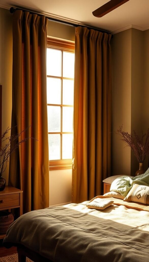 A cozy and inviting olive green bedroom, bathed in warm, diffused lighting from a large window. The curtains, made of a lush, textured fabric, gently cascade in soft folds, creating a serene and harmonious atmosphere. The curtains are the focal point, complementing the natural wood tones of the furniture and the earthy, organic palette of the room. The space exudes a sense of tranquility and comfort, perfect for winding down after a long day. The curtains effortlessly blend with the overall design, providing a calming and grounding presence that enhances the room's overall ambiance. A cozy and inviting olive green bedroom, bathed in warm, diffused lighting from a large window. The curtains, made of a lush, textured fabric, gently cascade in soft folds, creating a serene and harmonious atmosphere. The curtains are the focal point, complementing the natural wood tones of the furniture and the earthy, organic palette of the room. The space exudes a sense of tranquility and comfort, perfect for winding down after a long day. The curtains effortlessly blend with the overall design, providing a calming and grounding presence that enhances the room's overall ambiance.